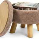 Ottoman Foot Rest, Small Round Ottoman with Storage, Boucle Teddy Velvet Footstool with Wood Legs, Soft Sponge Storage Ottoman for Living Room, Bedroom, Couch, Enterway (Camel Brown)