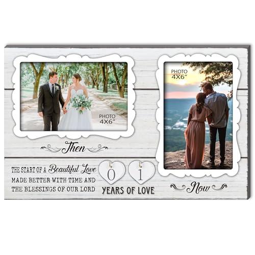 EXQUIDECA White Farmhouse Wife and Husband 2 Slot Picture Frame Holds 4X6 Inches Photos,1-99 Years of Love Anniversary Wedding Marriage Blessing Gifts for Couples