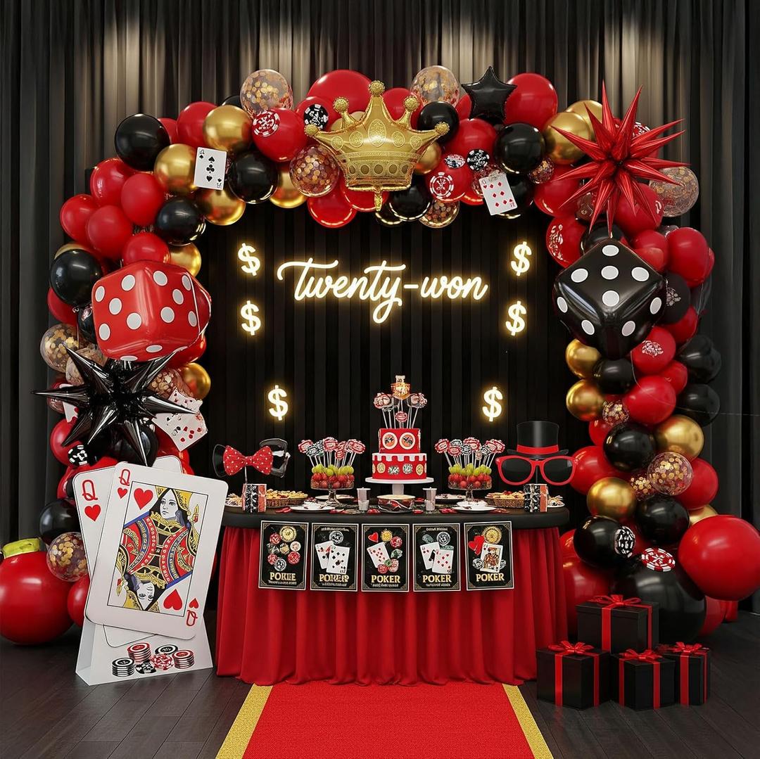 Casino Theme Red and Black Gold balloon garland arch kit With Starburst Dice Crown balloons for casino royale Birthday Las Vegas night hollywood theme party decorations