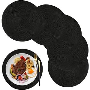 Round Braided Placemats Set of 6, 12.6 Inch Small Circle Place Mats Washable Heat Resistant Table Mats Black (32CM)