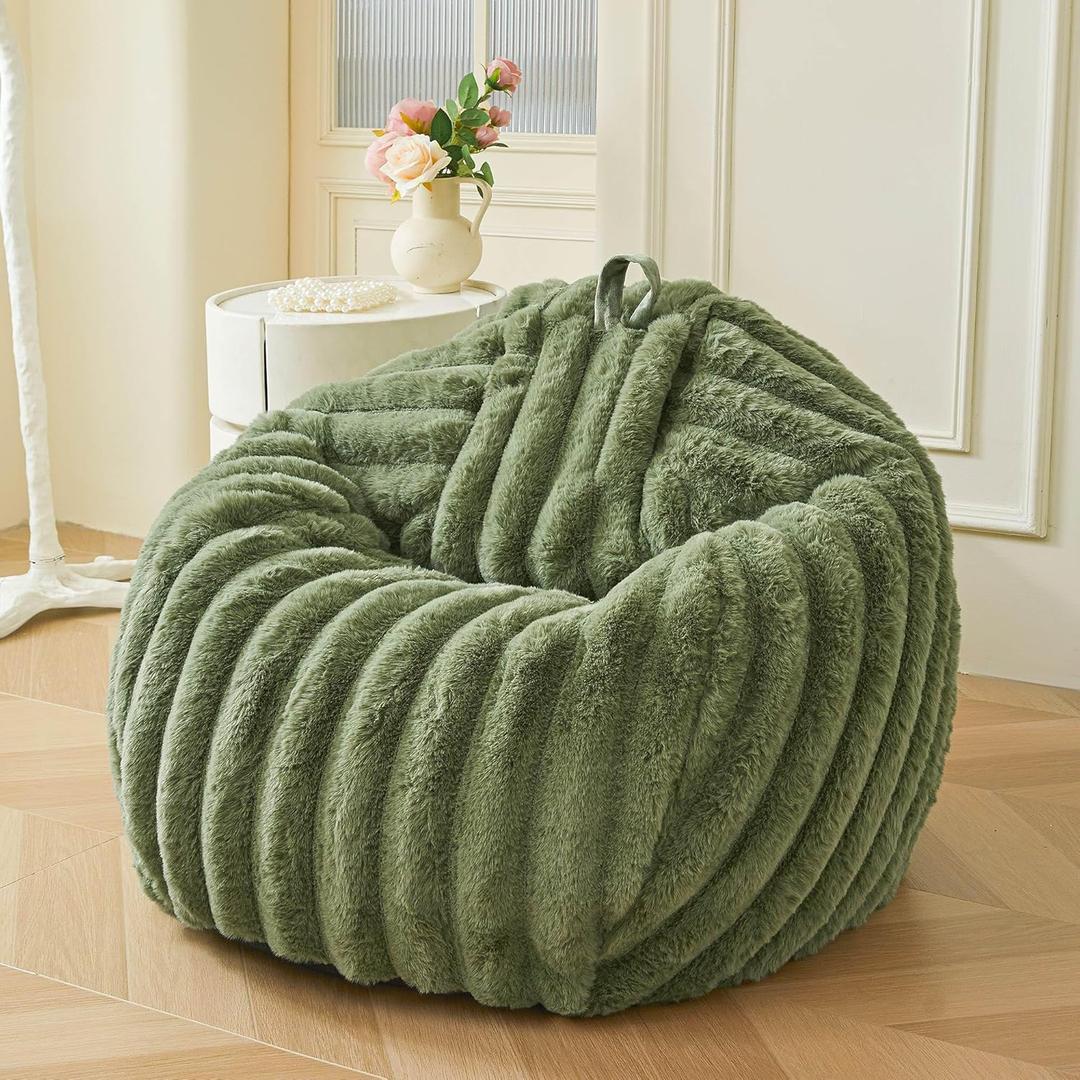 MEGO Fluffy Faux Rabbit Fur Bean Bag Chair Cover(No Filler), Soft Plush Shaggy Striped Stuffed Animal Storage Beanbag, 3FT Big Fuzzy Decorative Ribbed Floor Lounger for Bedroom Living Room, Sage Green (Large(38"x38"x40"))