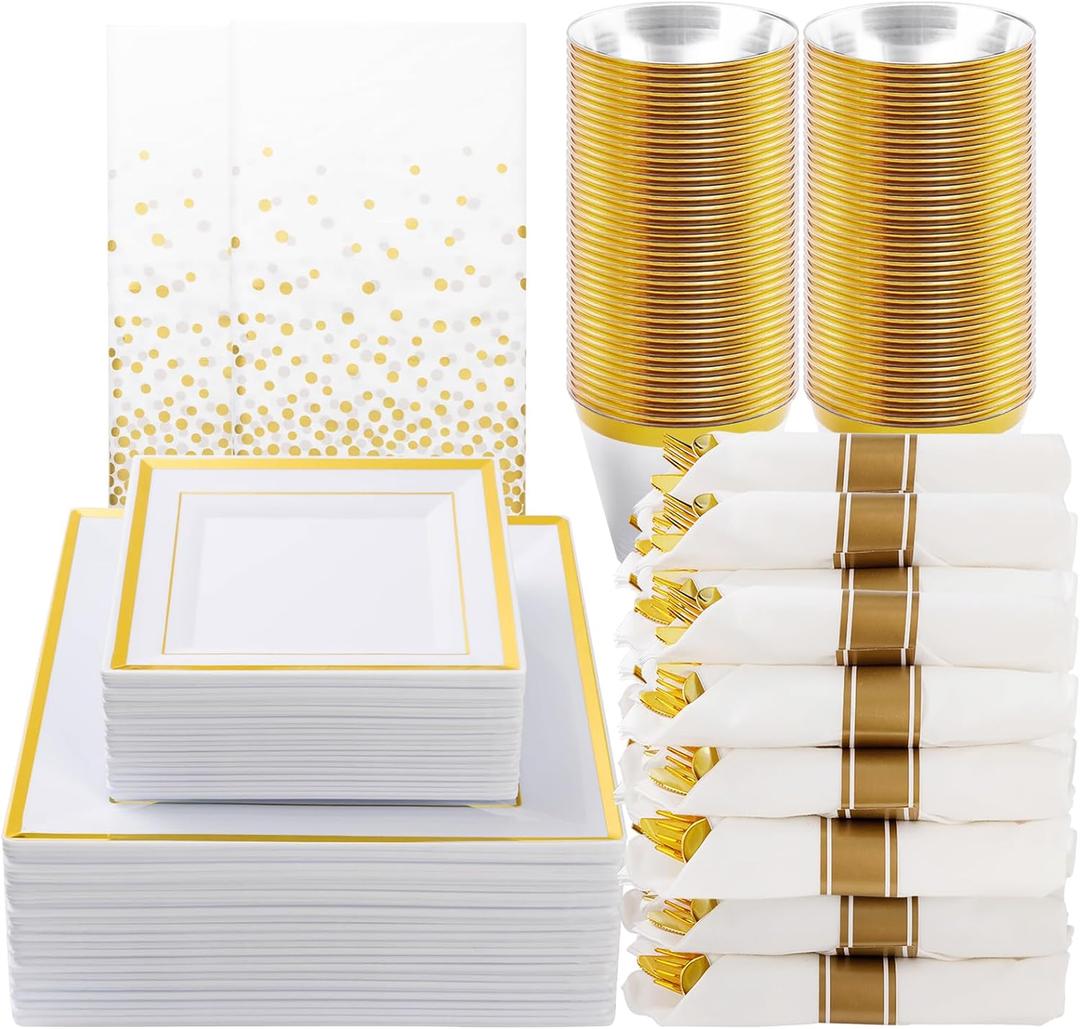 Goodluck 352-Piece Dinnerware Set for 50 Guests - Thanksgiving Square Plastic Plates with Gold Trim, Includes: 100 Plates, 50 Rolled Napkins, 50 Cups, 50 Cutlery Set and 2 Tablecloths