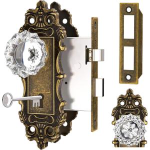 Antique Door Knobs Interior Mortise Lock Bronze Door Knob Crystal Glass Door Handle Skeleton Key Vintage Door Locks for Bedrooms Bathroom