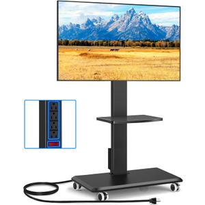 Rfiver Mobile TV Stand 32-75 Inch with Power Outlet and Shelf, Black