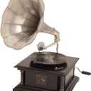 Deco 79 Mango Wood Functional Gramophone with Record, 14" x 14" x 26", Black
