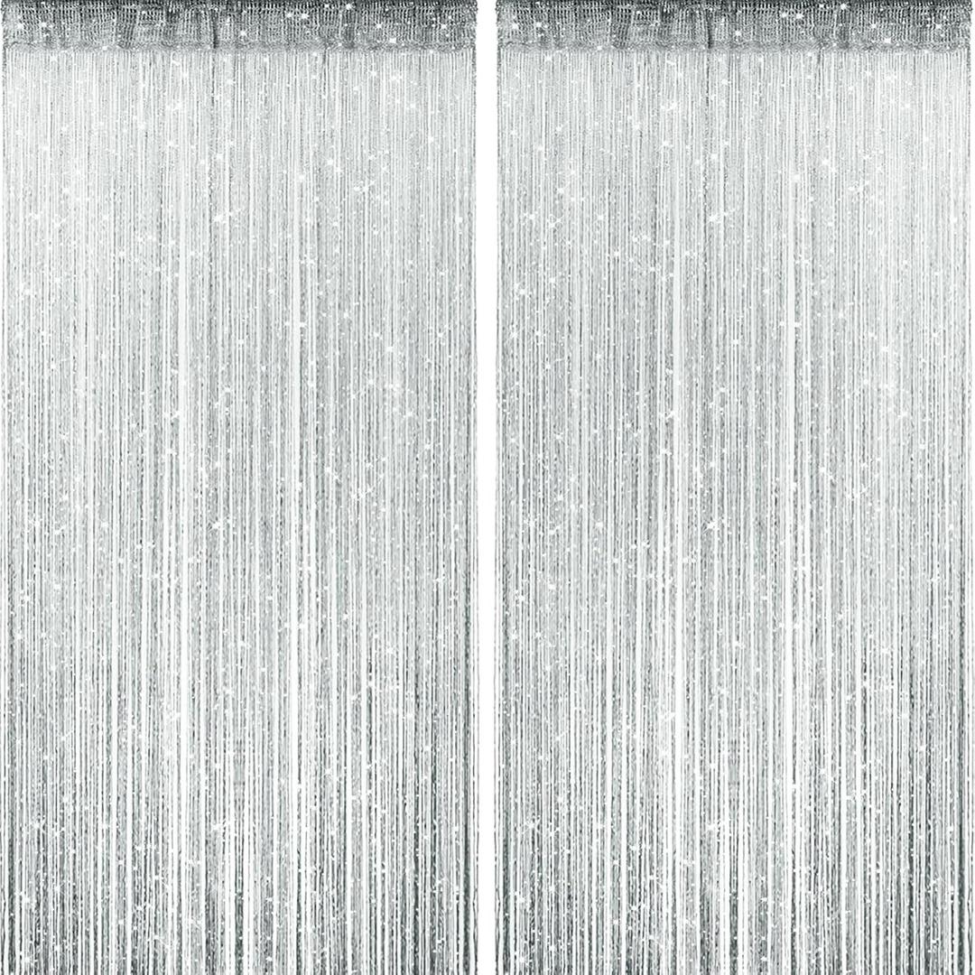 2 Pieces Silver Glitter String Curtains, 39x79 Inch Doorway Beads Curtains, String Curtain for Doorway, Room, Closet Partition, Windows Wedding Party Boho Tassel Home Decoration