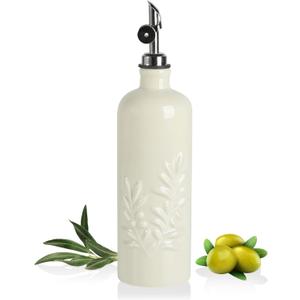Sweejar 18 Oz Oil Dispenser for Kitchen with Gravity Spout, Ceramic Olive Oil Dispenser Bottle, Relief Opaque Vinegar Container for Evoo, Vinegar, Soy Sauce, Pack of 1(Beige, Silver Spout)