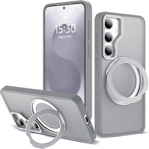 for Samsung Galaxy S25 Plus Case with 360Rotatable Magnetic Ring Stand Compatible with Mag-Safe Military Protection Shockproof Matte Translucent Phone Cases for Galaxy S25+,Gray