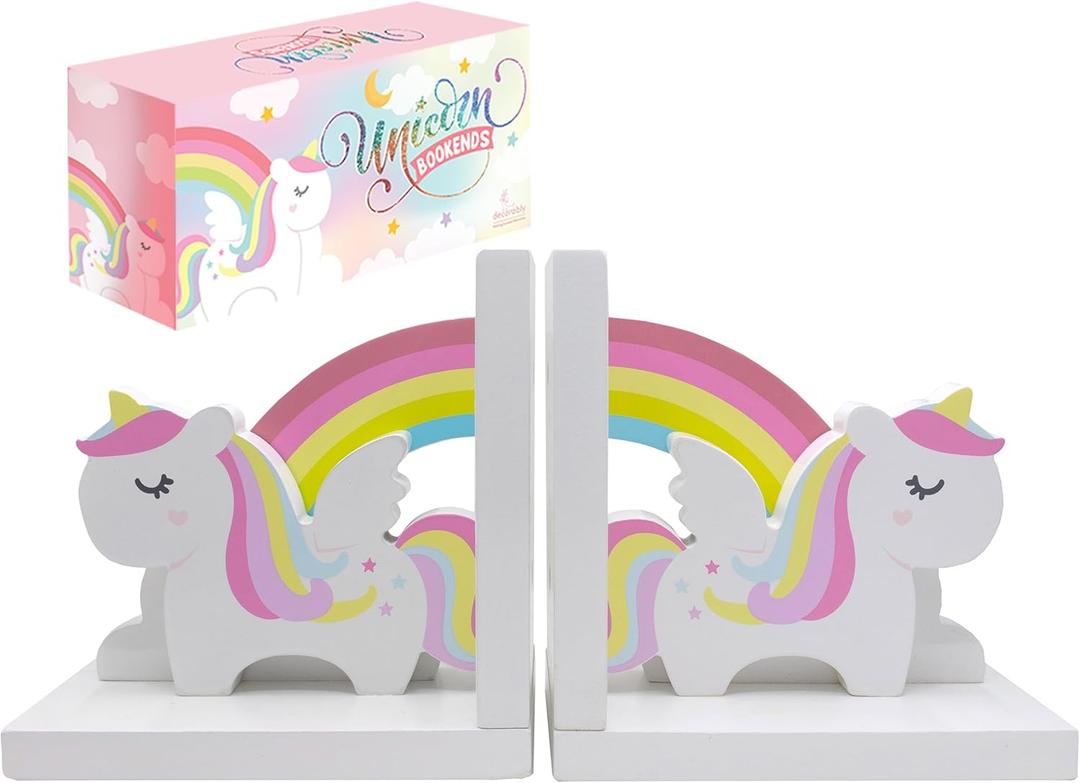 Decorably Unicorn Bookends for Girls - 1 Set Non-Skid Wooden Kids Book Ends for Shelves, Kids Bookends for Girls
