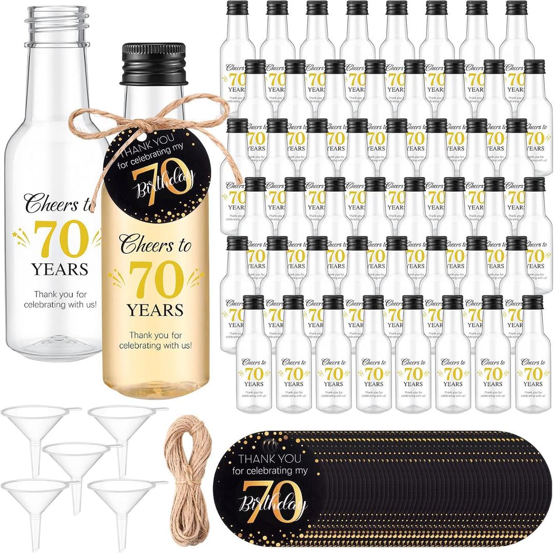 Funnymoom 50 Sets 70th Birthday Party Favors for Guests Include 1.7 oz Mini Liquor Bottles and Thank You Cards Cheers to 70 Years Alcohol Shot Bottles with 5 Funnel for Birthday Anniversary Favors