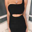 Zeflows Womens One Shoulder Cutout Backless Bodycon Dresses Ruched Hollow Out Sleeveless Mini Club Cocktail Sexy Dresses, Black-M