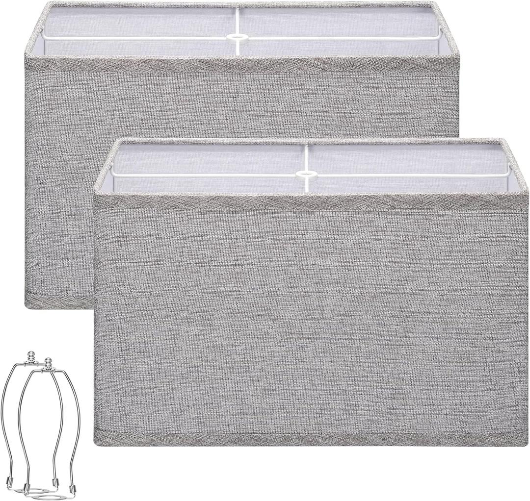 Rectangular Lamp Shades Set of 2, 16"L x 8"W x 10"H Large Lamp Shade, Gray Lampshades for Floor Lamps Table Lamps, Natural Linen Hand Crafted, Spider, Harp Holders Included, Easy Assembly Required