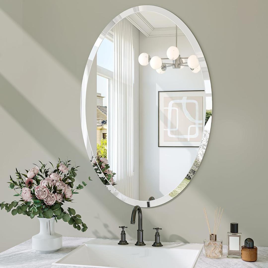 Frameless Oval Mirror, 18"x26" Bathroom Vanity Mirrors with Beveled Edge, Decorative Oval Wall Mirrors for Bedroom, Entryway, Living Room, Hangs Horizontally or Vertically
