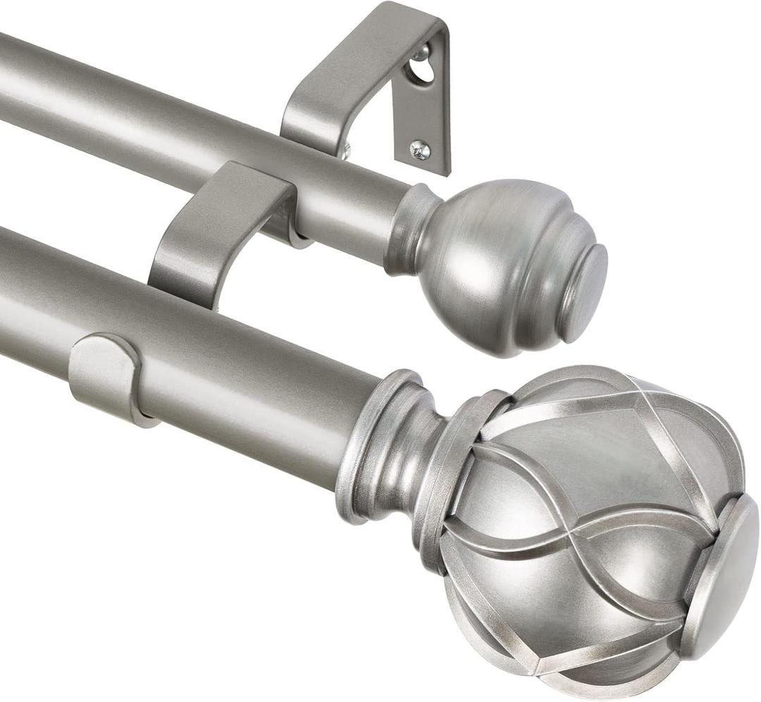 KAMANINA 1 Inch Double Curtain Rods for Windows 72 to 144 Inches (6-12 Feet), Silver Heavy Duty Double Curtain Rod, Telescoping Drapery Rod with Netted Texture Finials (72-144", Antique Silver)