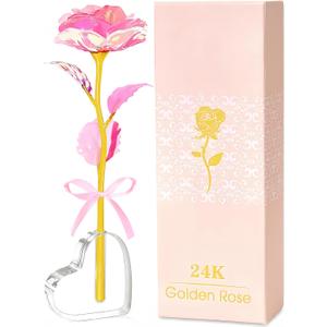 Valentines Day Rose Gifts for Her, Birthday Gifts for Women Mom Galaxy Rose Glass Forever Flowers with Heart-Shaped Base Eternal Crystal Roses Valentine Gifts for Grandma Wife Sister Girlfriend (Light Pink)