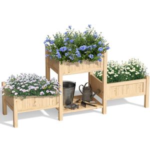 Extra Large Wooden Raised Garden Bed with Legs & Storage Shelf 3 Tier Outdoor Elevated Planter Box for Patios/Herbs/Flowers/Vegetables, Easy Assembly, Natural