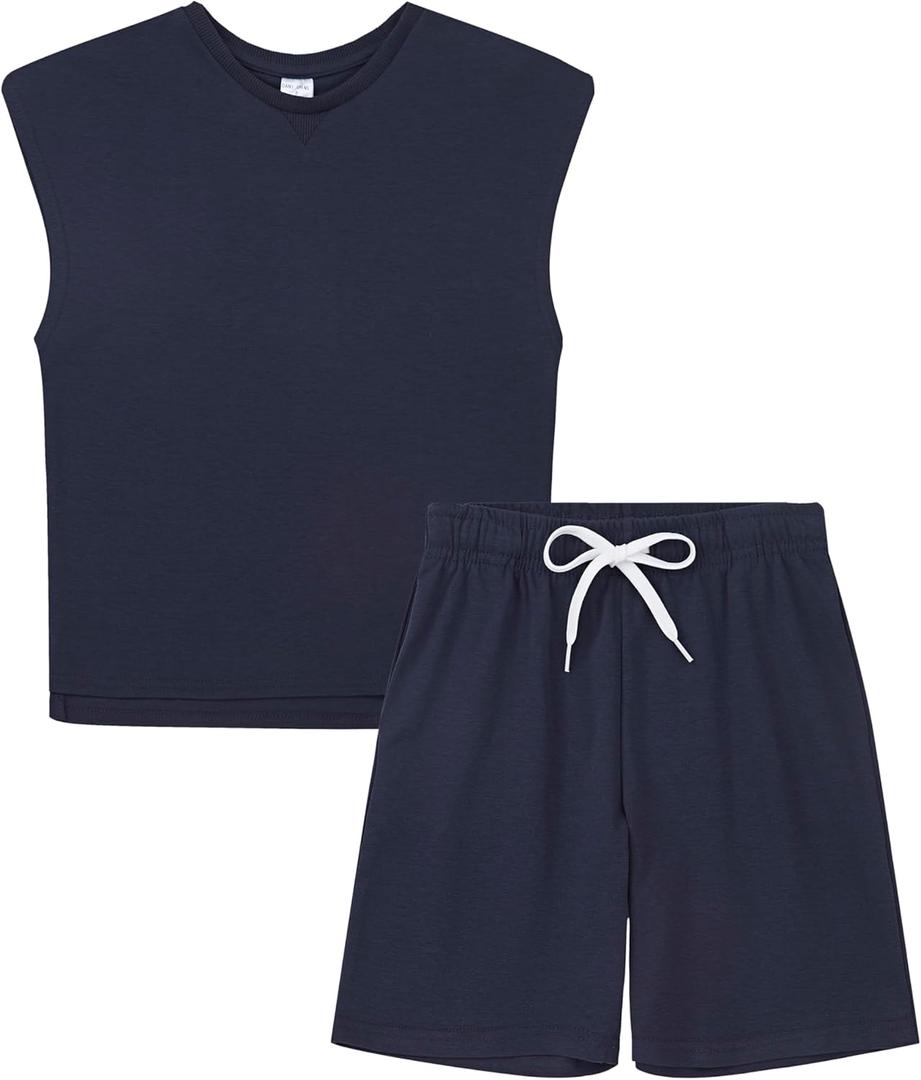 DANI CHINS Boys Loose Athletic Shirt and Shorts Set Kid Outfit with Pockets (Blue)