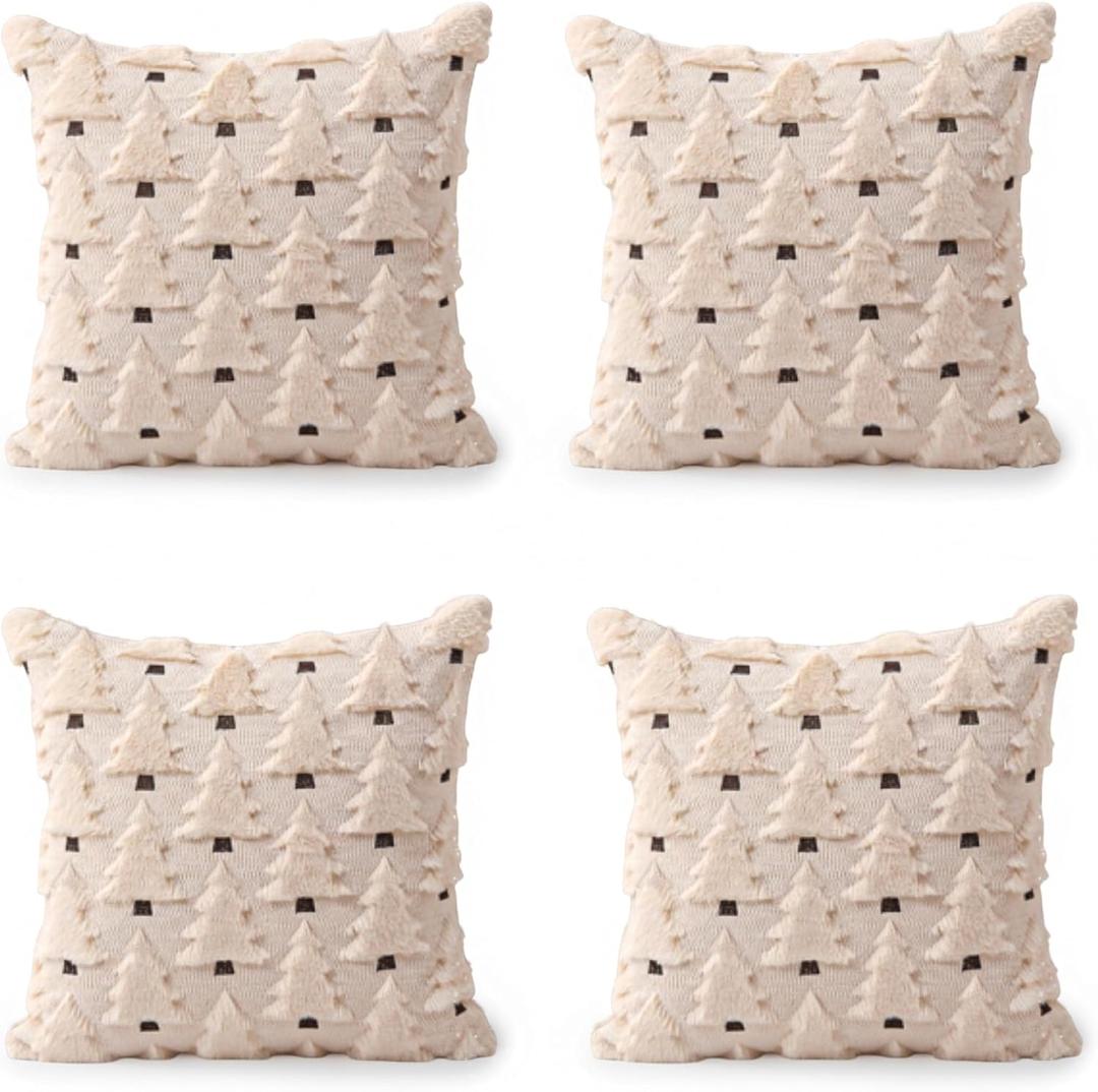 4 Pack 20" X 20" Christmas Pillow Covers Throw Pillow Cases Soft Plush Xmas Winter Christmas Tree Faux Fur Cushion Case for Chair Sofa Bedroom Living Room Home Decor (Beige)