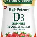 Nature’s Bounty Vitamin D 5000 IU Gummies, Vitamin D3 High Potency Immune Support & Bone Health Supplement, 5000 IU in 1 Gummy, Strawberry Flavor, 2 month Supply, 60 Vegetarian Gummies for Adults Exp 07/2026