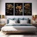 3pcs Black And Gold Rose Wall Art Abstract Plant Flowers Posters Prints Modern Floral Pictures Black Rose And Gold Leaf Canvas Wall Decor for Living Room Bedroom Bathroom Office Decoration Painting
