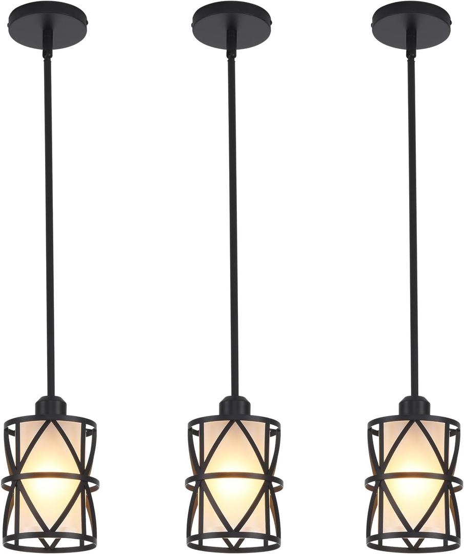 3 Pack Pendant Light Kitchen Island Pendant Light, Stem Rod Hanging Light with Spiral Cage Frosted Glass Shade, Black Modern Indoor Hanging Lamp