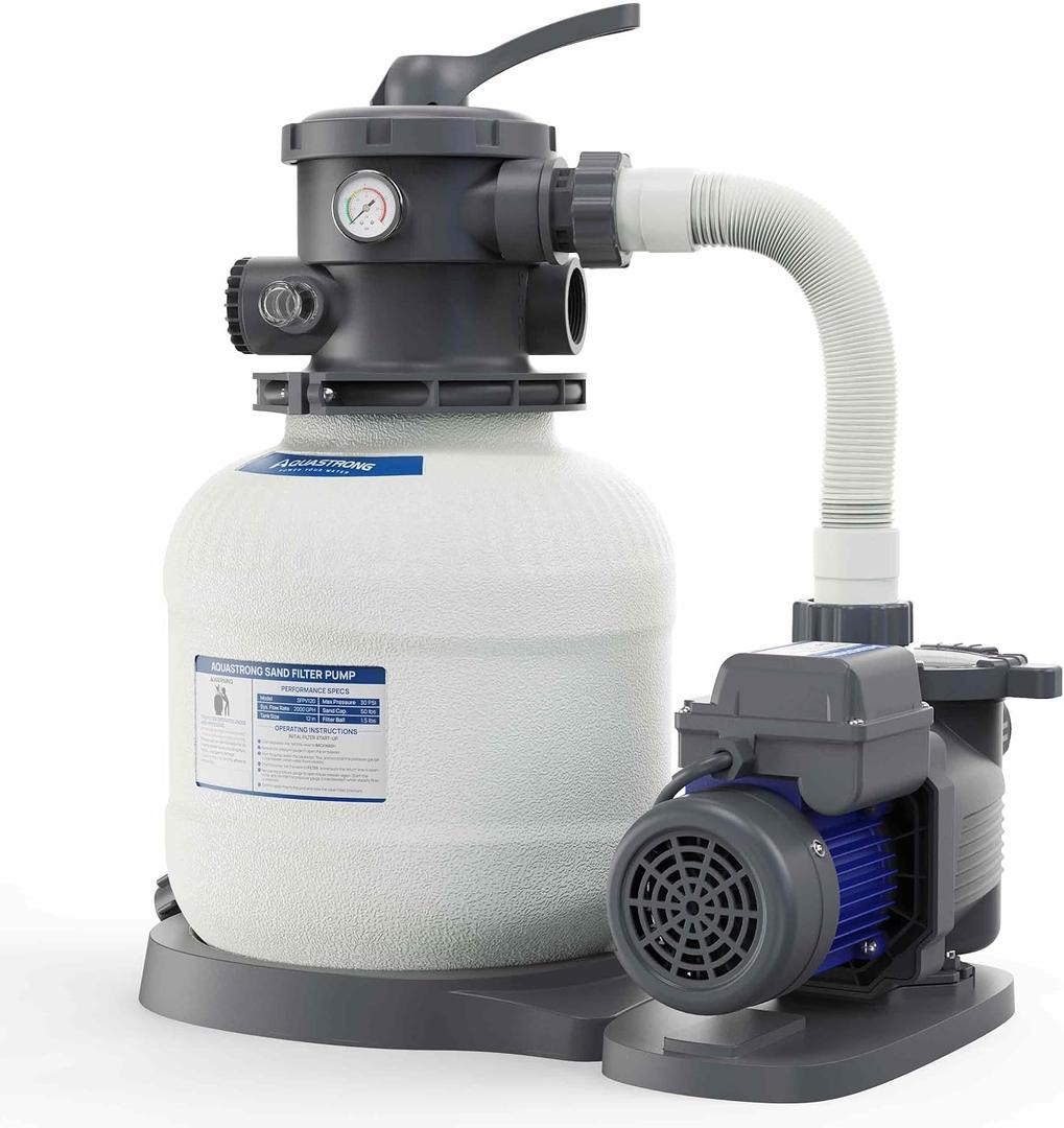 AQUASTRONG Sand Filter Pump for Above Ground Pool with Timer, 1/2 HP Pool Pump Max 2500 GPH for Pools up to 9000GAL, 12in Pool Sand Filter with 6-Way Valve, Improved Circulation for Crystal-Clear Pool