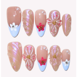 Handmade Press on Nails  Medium Almond,Artificial Acrylic Nails Blue French Tips Stick on Nails 3D Pearl Fake Fingernail Summer False Nails for Women Manicure 10 Pcs (Size M)