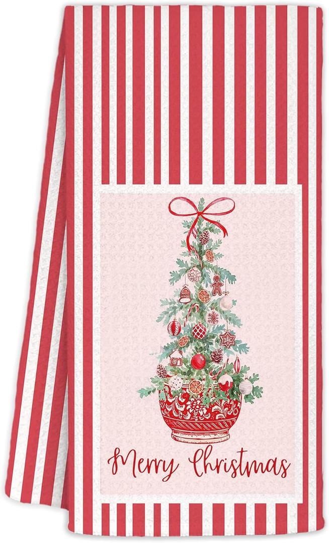 Red Chinoiserie Christmas Tree Kitchen Towels 16x24 Inch, Coquette Blue and White Bow Christmas Hand Towels for Bathroom Decorative, Preppy Girly Red Bow Xmas Dish Tea Towel for Kitchen Decor