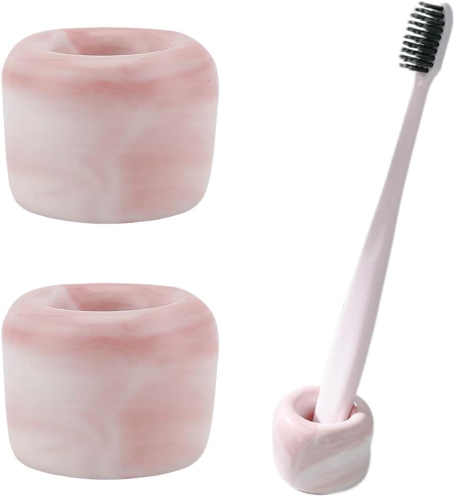 2 PCS Ceramic Toothbrush Holders, Decorative Toothbrush Stand with Unique Marble Textures, Minimalism Design Travel Toothbrush Holders for Bathroom, Vanity Counter (Rose Pink)