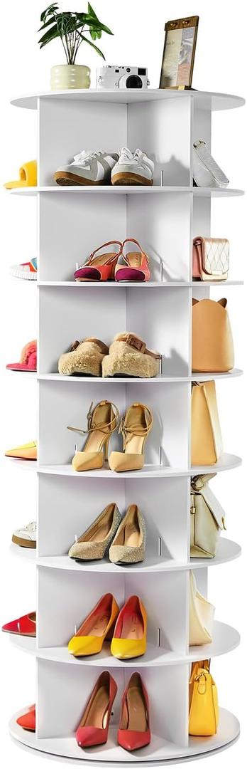 VEVOR 7 Tiers Rotating Shoe Rack Tower, 360 Spinning Shoe Rack, Revolving Storage Round Carousel Display, Freestanding Lazy Susan Organizer Display for Bedroom, Living Room, Entryway, Closet, White