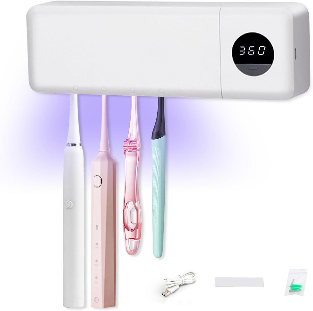 Wall Mounted Toothbrush Holder,UV Toothbrush Holders,No Drilling Wall Mounted Toothbrush Sanitizer Cleaner 4 Slots,Fan Drying Smart & 360s Timer Function for Smart Home Bathroom Accessories.
