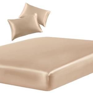 SiinvdaBZX 3-Piece Set Satin Queen Fitted Sheet & 2 Pillowcase, Beige Silky Soft Fitted Bottom Sheet, Wrinkle Free, Fade Resistant, Deep Pocket Bed Sheet (Deep Up to 15")