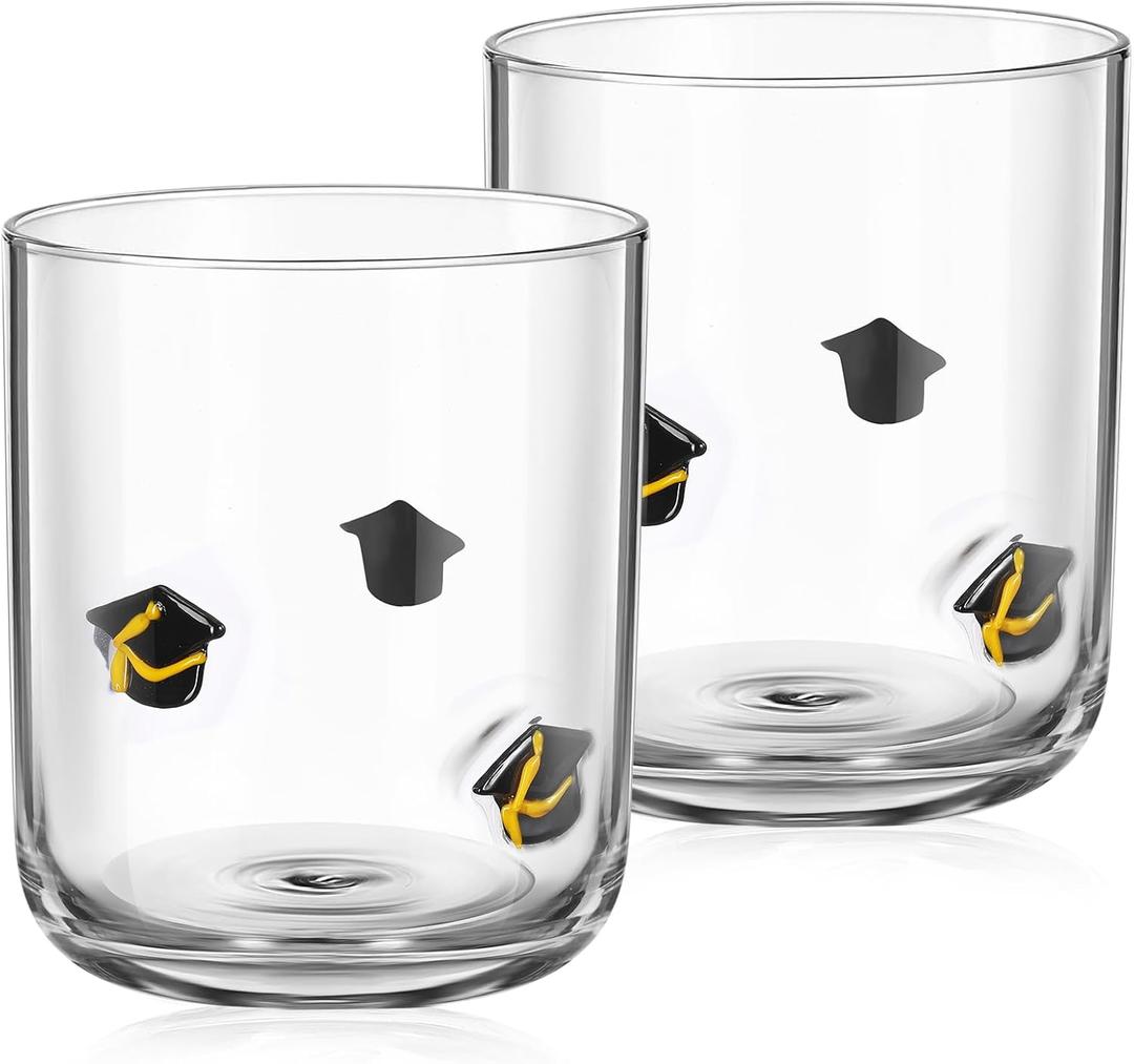 Maxdot 2 Pcs Graduation Icon Juice Glasses Wine Stemless 14oz Congrats Grad Cap Double Icon Cocktail Glass for Class of 2025 Party Favors Supplies(Gold)