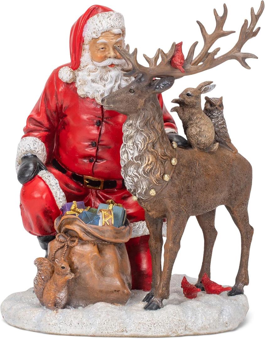 Napco Festive Red Santa with Reindeer 12 inch Resin Holiday Decorative Tabletop Figurine