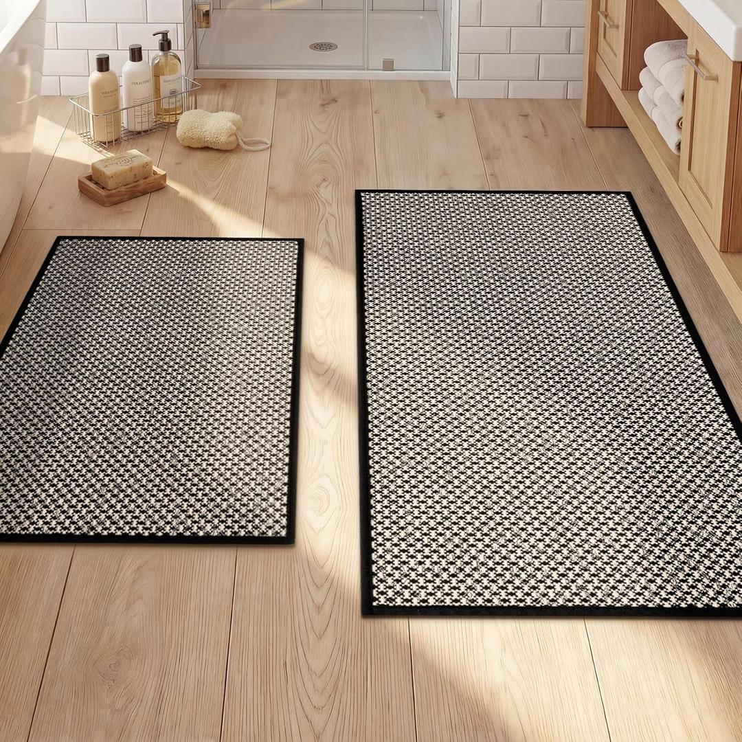 YIHOUSE Thin Bath Mat Black Bathroom Rugs Sets 2 Pieces, Non Slip Absorbent Mats Quick Dry, Woven Rugs Washable, Tapetes para Bao for Bathroom Toilet, Bathtub(17"x24"+17"x32")