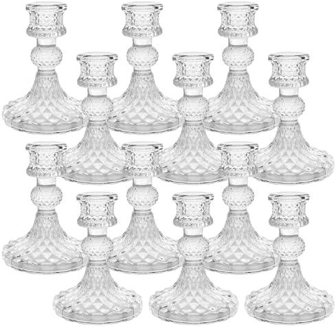 Sudifor Candlestick Holders Set of 12-4" H Crystal Taper Candle Holders, Thick Glass Candle Stand with Diamond Pattern for Table, Wedding, Party, Church Decoration, Home Decor