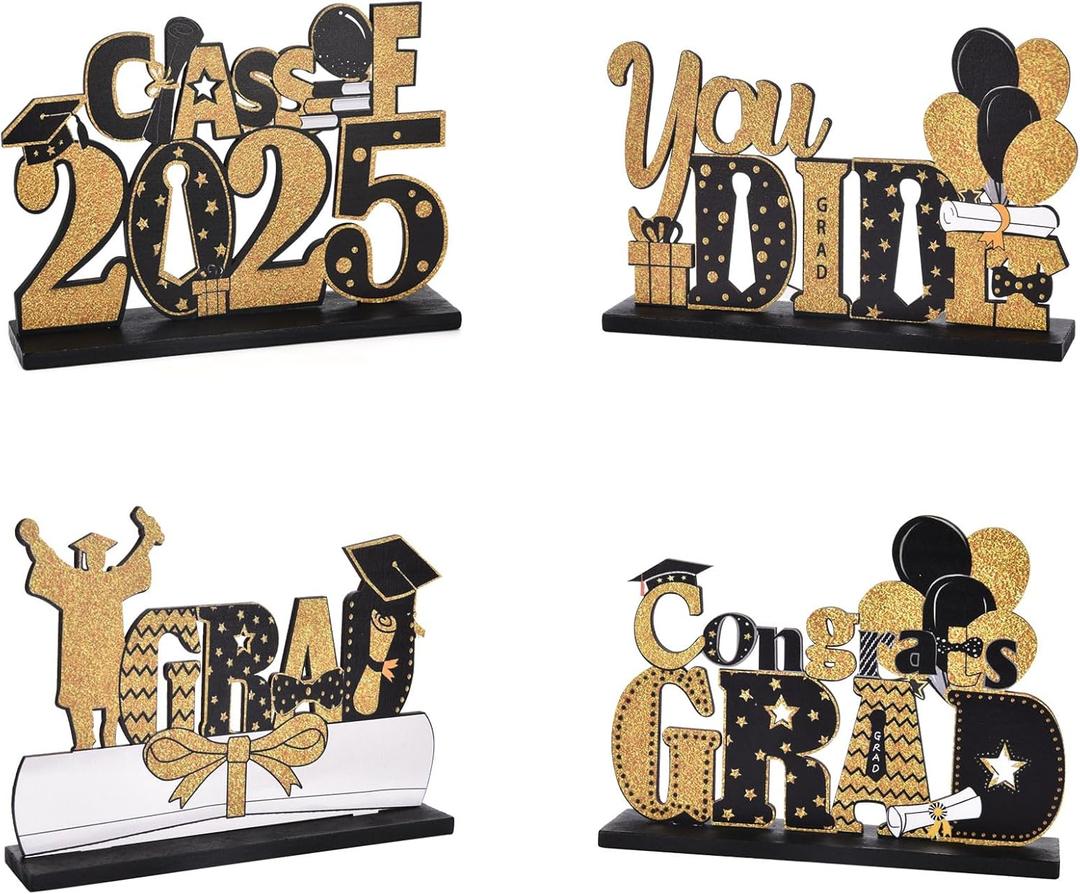 Graduation Party Decorations, 4 Pieces Class of 2025 Grad Congratulate Wooden Centerpieces, Table Toppers for High School College Graduation Party Prom Favor Supplies Photo Booth Props, Black