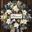 Waipfaru 22 Inch Spring Summer Wreath, Magnolia Wreaths for Front Door with Eucalyptus & Blue Grey Burlap Bow, Year Round Wreaths for Porch Farmhouse Patio Door Decor All Season (1 Pcs)