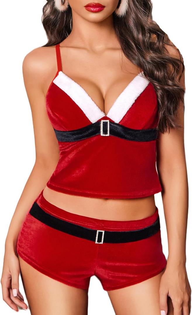 Avidlove Women Sexy Santa Lingerie Set Christmas Costume Claus Outfit Velvet Cami and Shorts Pajamas (Medium)