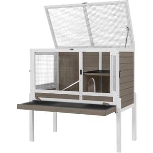 Aivituvin Guinea Pig Cages, Rabbit Hutch with Anti-Chew Frame, Bunny Cage with Cleaning Sliding Tray, 3 Openable Areas, Assemblable Legs, Ramp & Hideout Included - Brown 35.5"L x 19.6"W x 36.6"H