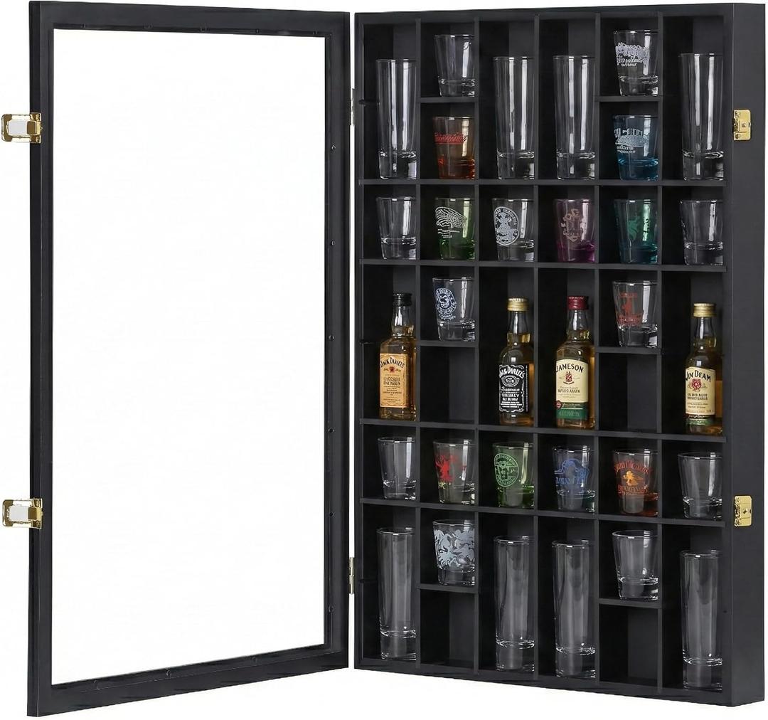 Furnishh 36 Slots Shot Glass Display Case with Lockable Door, Solid Wood Cabinet Collection Holder Wall Mounted Shot Glass Display Storage Box with Removable Shelves, 18"x26", Black