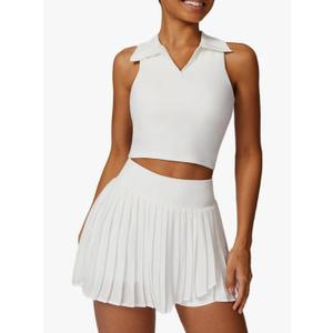 ABOCIW Womens Pleated Tennis Skirts Sleeveless V Neck Collar Racerback Workout Crop Tank Tops Sports Bra Golf Skorts Skirts Outfits #1 White M