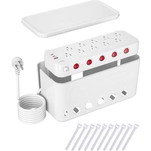 Surge Protector Power Strip with Cable Management Box, Cord Organizer Box with 10 Outlets and 3 USB Ports, Individual Switches, 6 ft Flat Plug Extension Cord, Under-Desk and Desk Wire Storage Hider, White