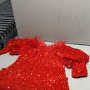 Women Sexy Sequin Off The Shoulder Puff 3/4 Sleeve Bodycon Dress Formal Party Cocktail Evening Midi Dress (Light Red)