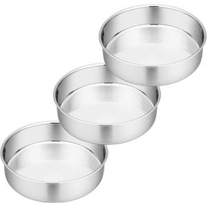 P&P CHEF 8 Inch Round Cake Pan Set of 3, Stainless Steel Round Baking Layer Pans Bakeware for Layer Birthday Cake, Fit Oven/Pots/Pressure Cooker, Leakproof & Dishwasher Safe, Silver
