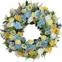 BINFEN Faux Silk Flower Spring Summer Easter Wreath 24-26" for Front Door – White Ranunculus Yellow Daisy Blue Hydrangea Green Eucalyptus Leaves – Farmhouse Front Porch Wreath, Outdoor Indoor Use