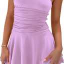 YBSKG Women Sexy Tube Top Silk Dress Strapless Ruched Waist Ruffle Tiered Layer Mini Dress Party Short Dresses, Light Purple Small