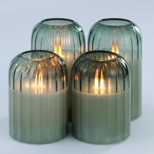 Lezonic Glass Flameless Candles Battery Operated with Remote, Dancing Flame LED Flickering Pillar Candles, Set of 4 Real Wax St. Patrick's Day Gift Fall Decorations for Home Room Decor (Pumpkin Green)
