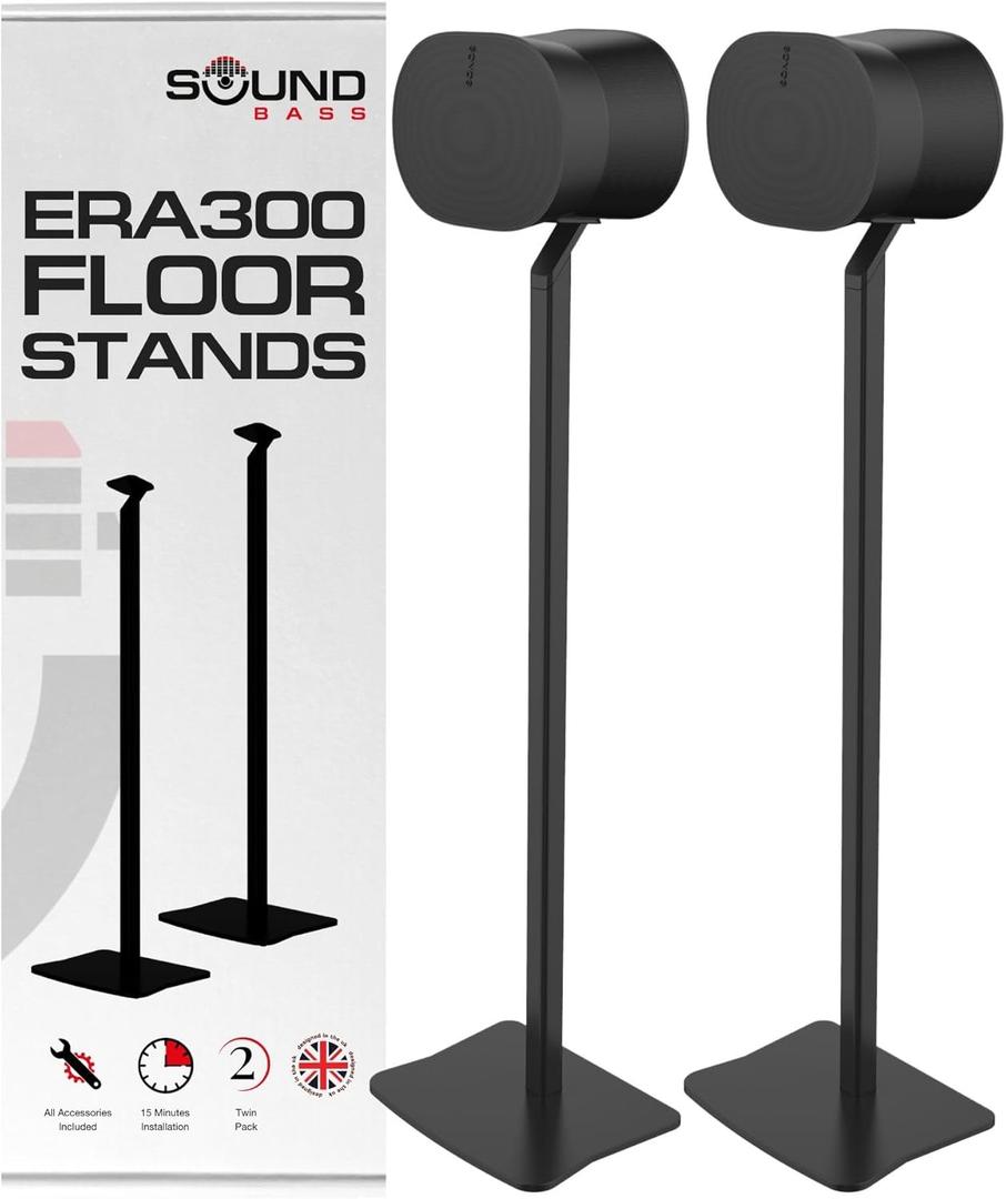 Sound Bass ERA300 Floor Stand, Premium Metal Design, Twin Pack (2pcs), Black, Compatible with Sonos ERA 300 Speaker, Accessories Included, Cable Management, Designed in the UK, Double, Pair