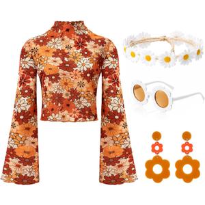 Shihanee 60/ 70s Hippie Costume Outfits Set for Women Bell Sleeve Floral Mesh Crop Top Glasses Earrings Headband Accessories(M)